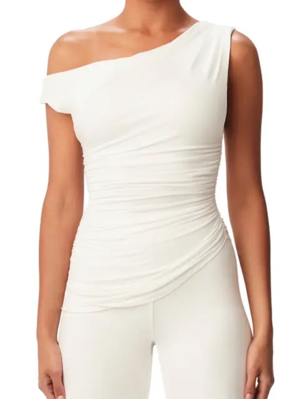Women’s One-Shoulder White Ruched Top